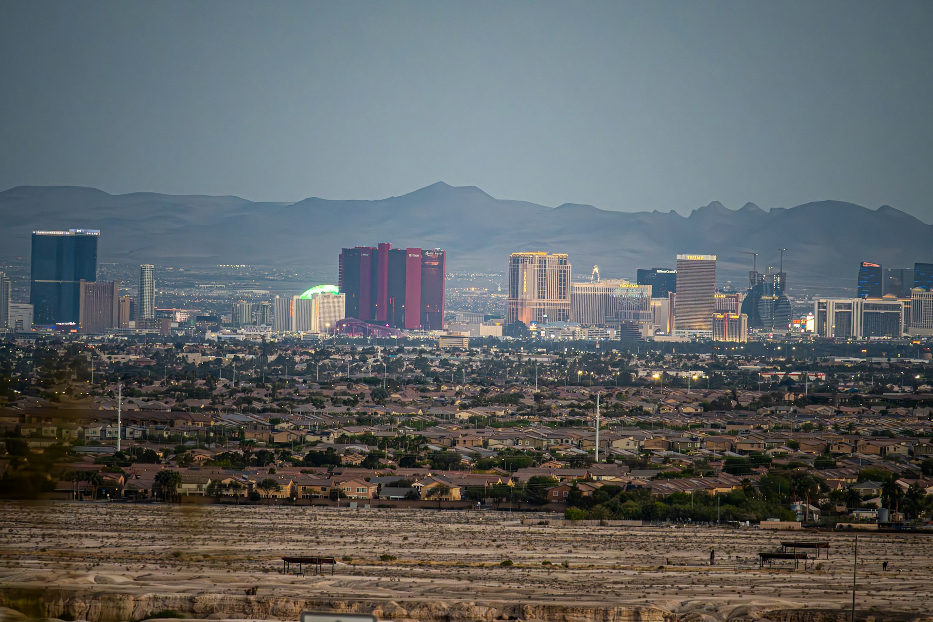 Las Vegas Valley neighborhoods with the Strip and mountains in the distance